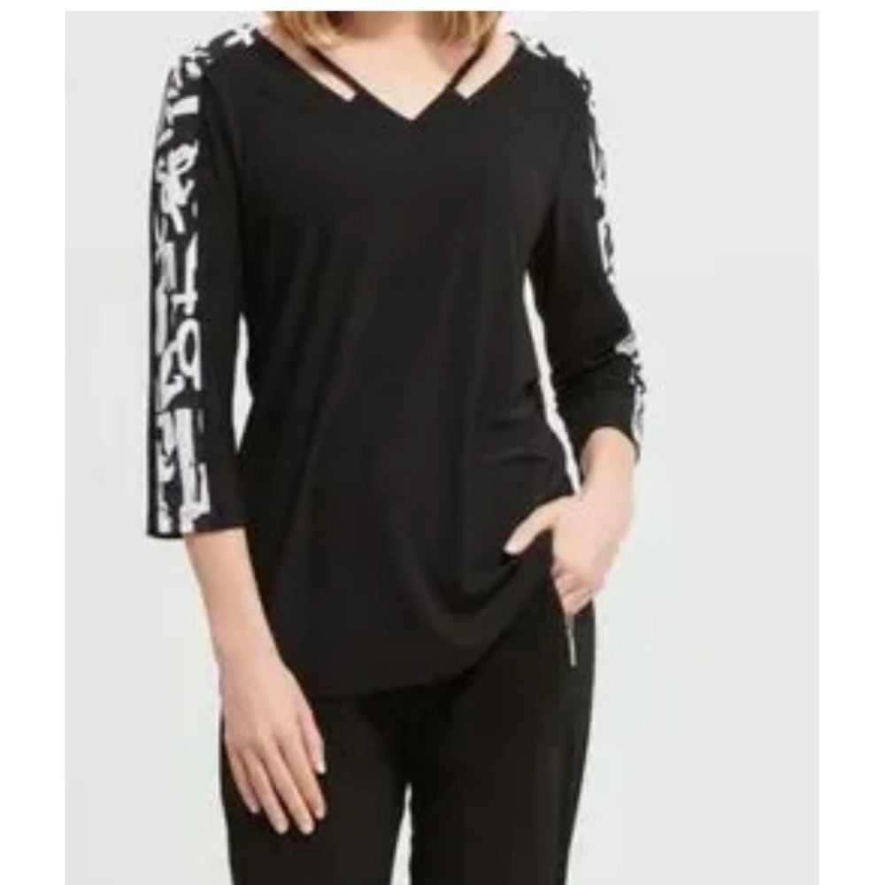 Joseph‎ Ribkoff Tunic Womens 8 Black Excellent 3/4 Sleeve V-Neck Graphic 201170